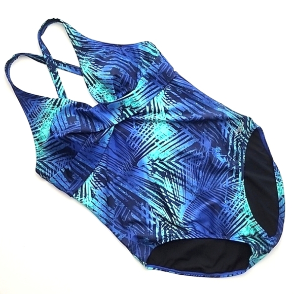 Speedo One Piece Swimsuit Abstract Foliage Turquoise Blue Cross Straps Sz 16 - Picture 1 of 12